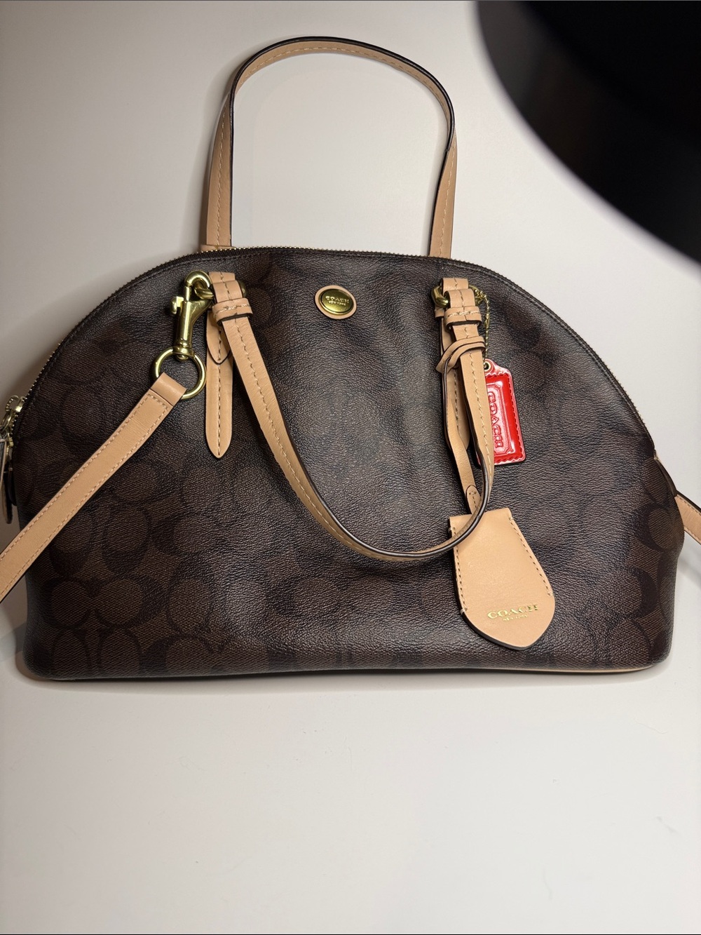 Coach Brown Signature Dome Satchel with Natural Trim